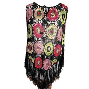 Vibrant Crochet Black%Multicilor Poncho No Size Boho Retro Beach Hippie Festival